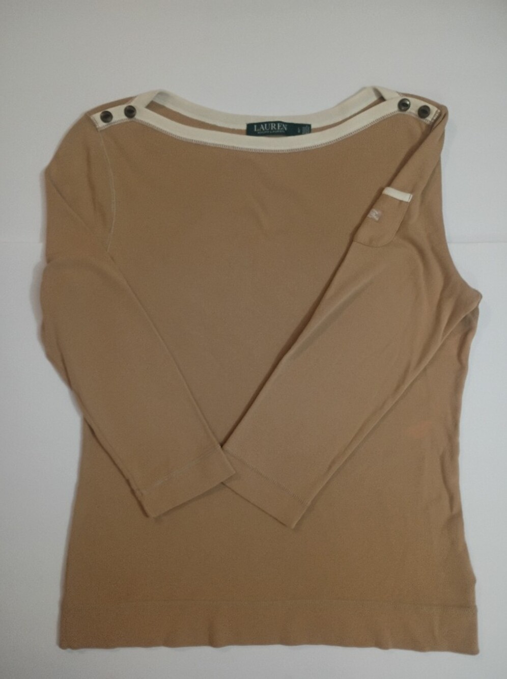 Lauren Ralph Lauren Khaki  Long Sleeve Crewneck Top Button And Pocket Details